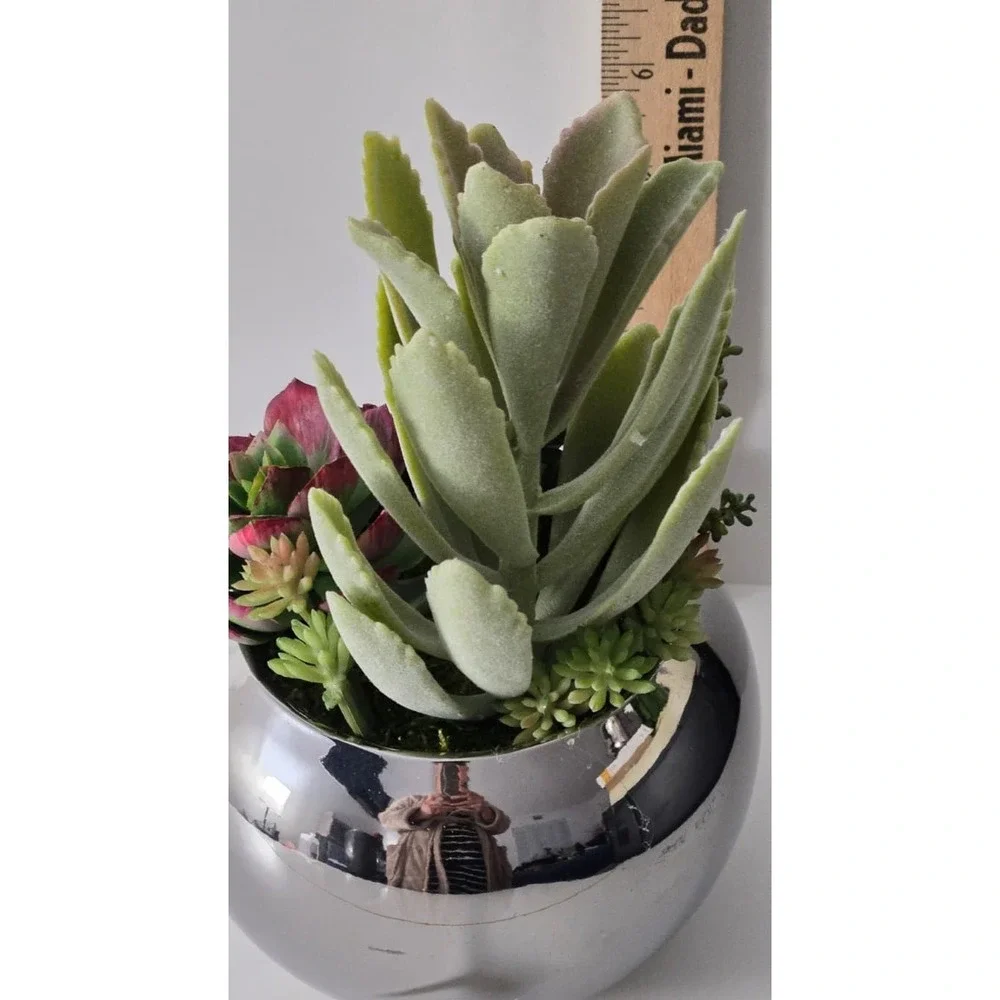 Handmade Artificial Succulent Arrangement in Silver Pot – Modern Home Decor